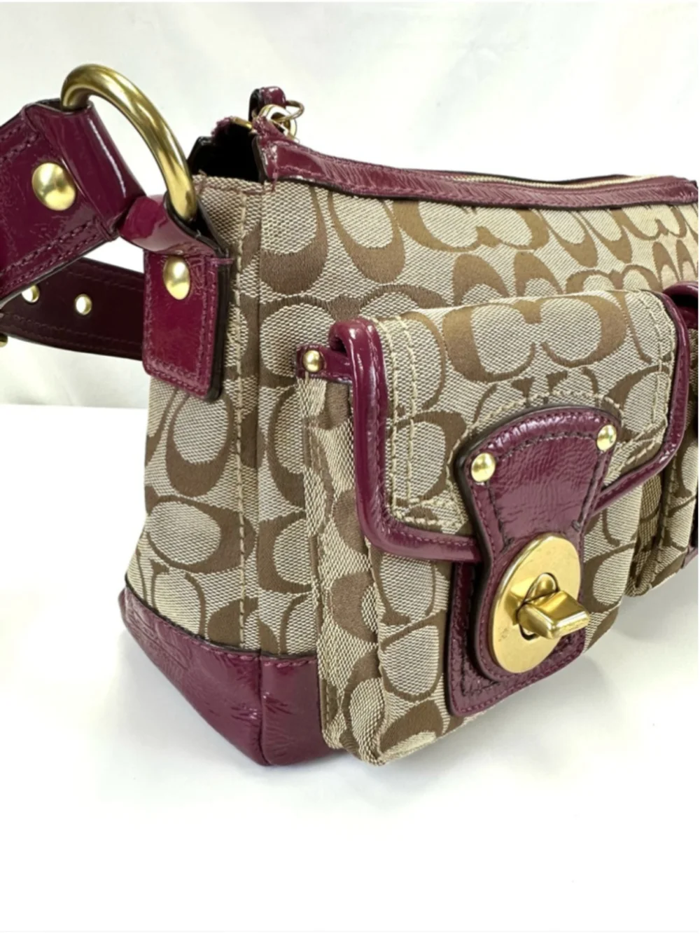 Coach 65th Anniversary Legacy Signature Double Turnlock Bag Plum G0826 F12869